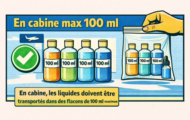 Illustration pédagogique des règles de transport des liquides en avion avec flacons de 100 ml maximum
