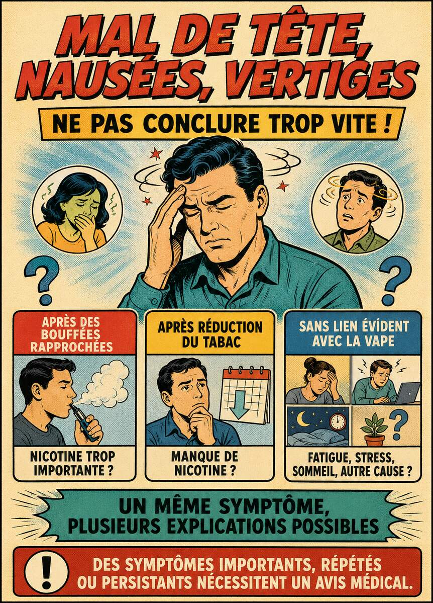 Infographie sur les causes possibles de maux de tête, nausées et vertiges pendant le vapotage