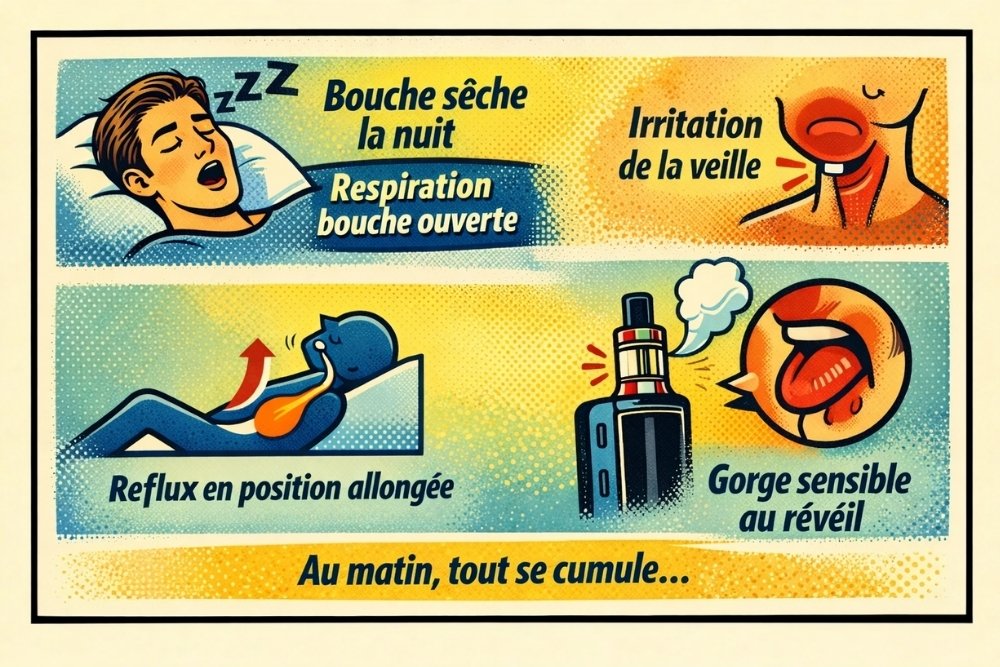 Illustration expliquant pourquoi la cigarette électronique peut provoquer un mal de gorge le matin : bouche sèche, respiration bouche ouverte, irritation accumulée et reflux nocturne