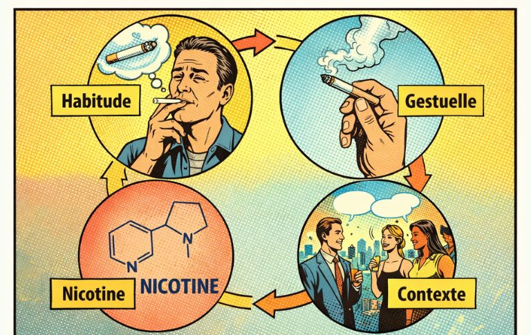 Illustration pédagogique en style bande dessinée montrant les différents mécanismes liés à l’attachement à la cigarette : habitude, gestuelle, nicotine et contexte social, reliés entre eux.