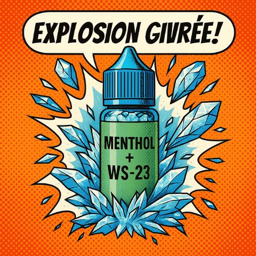 Flacon étiqueté "Menthol + WS-23 10 ml" au centre d’une explosion de cristaux de glace, dans un style BD rétro.