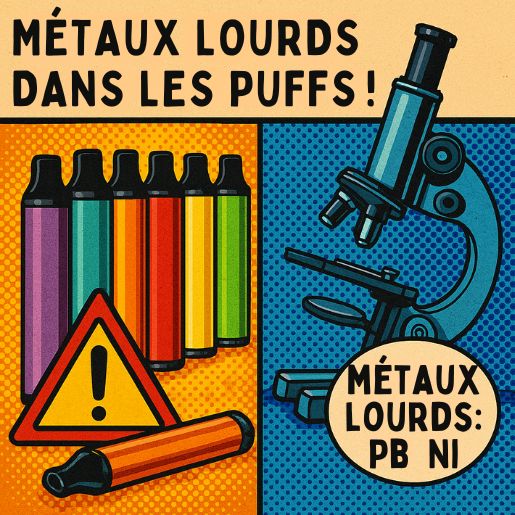 Illustration rétro style comic book avec des puffs jetables colorées, un symbole de danger, un microscope montrant plomb, nickel et antimoine, et le titre MÉTAUX LOURDS DANS LES PUFFS !