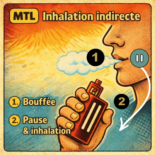 Schéma illustrant l’inhalation indirecte MTL avec une cigarette électronique