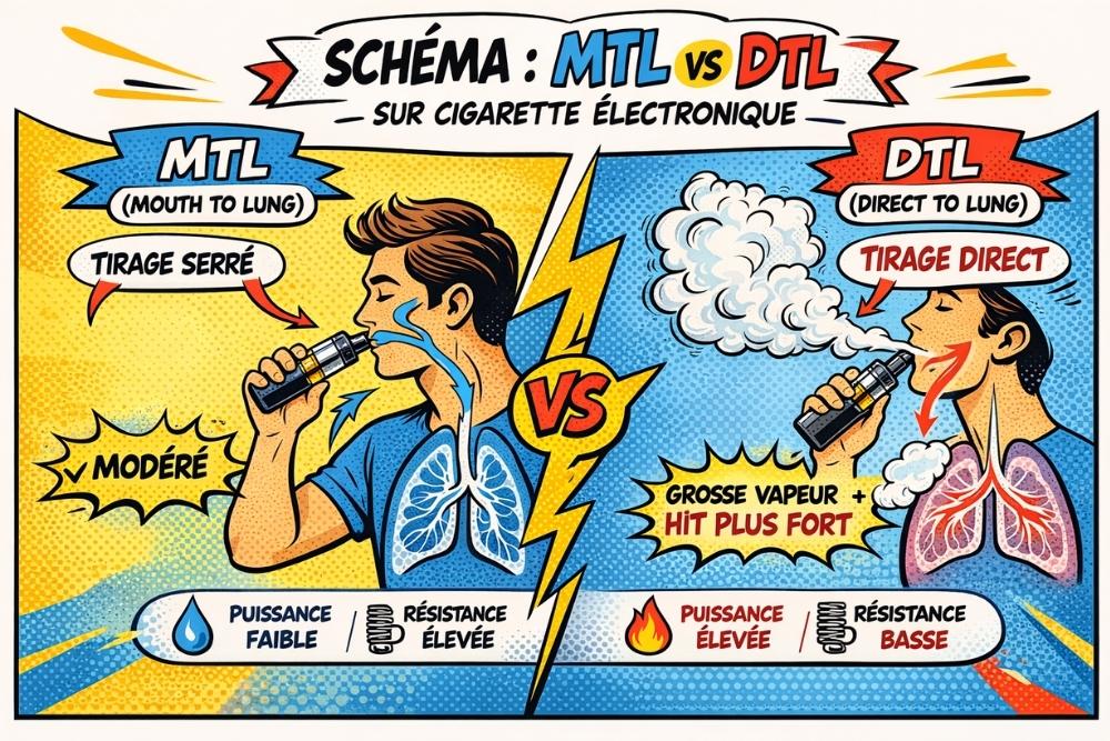 Schéma tirage MTL mouth to lung et DTL direct to lung sur cigarette électronique
