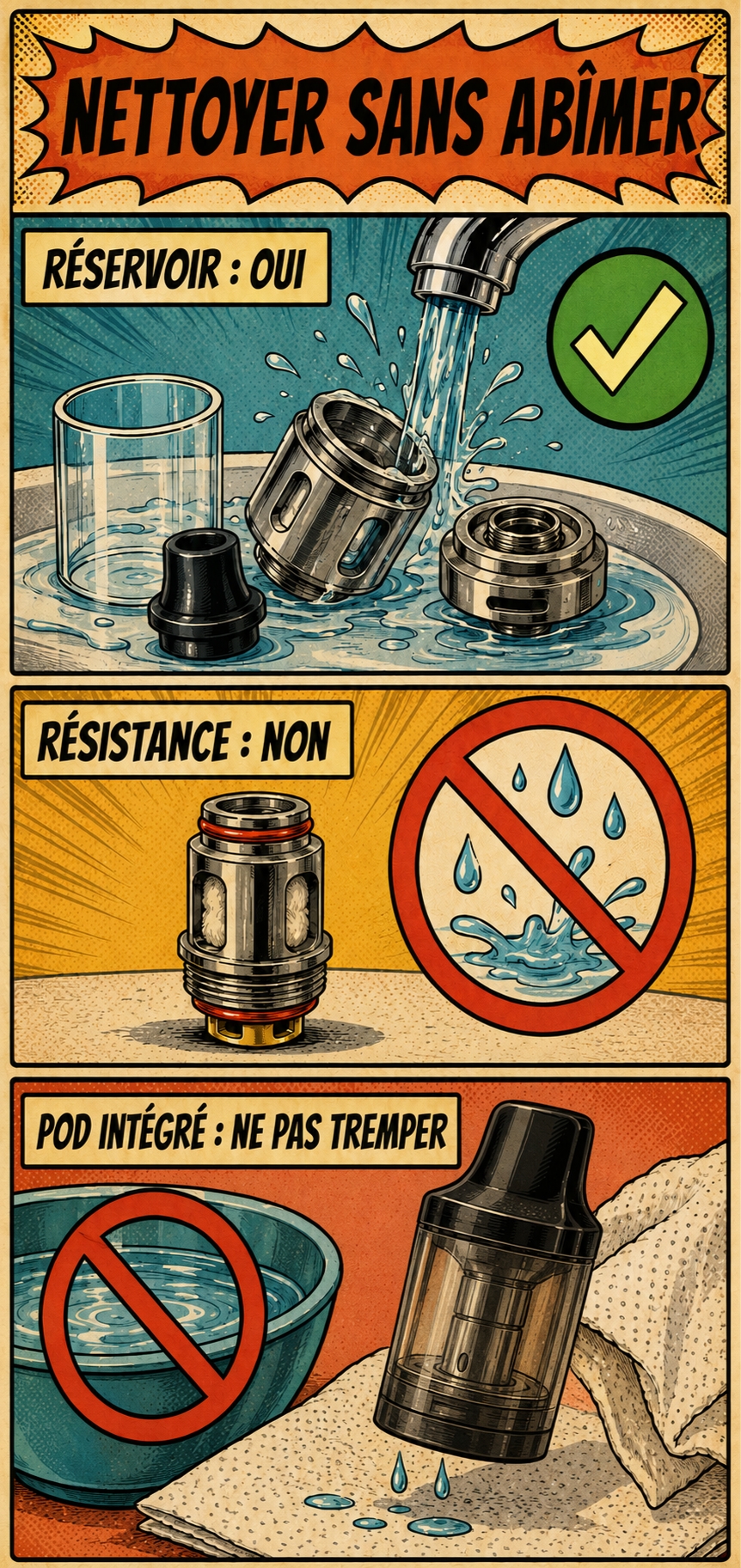Illustration montrant qu’il faut rincer le réservoir, mais pas la résistance ni un pod à résistance intégrée