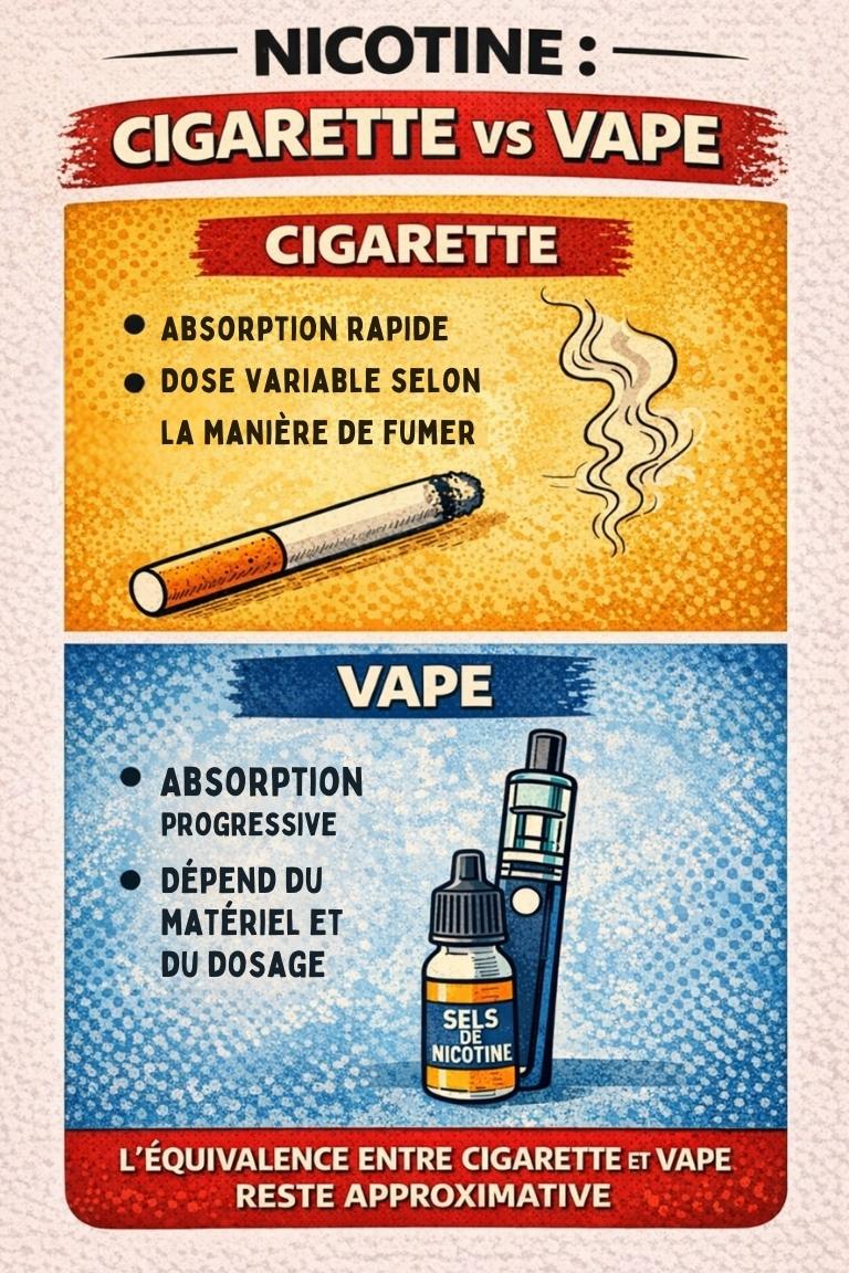 Infographie comparant l’absorption de nicotine entre cigarette et vape : absorption rapide et dose fixe pour la cigarette, absorption progressive et variable pour la cigarette électronique.