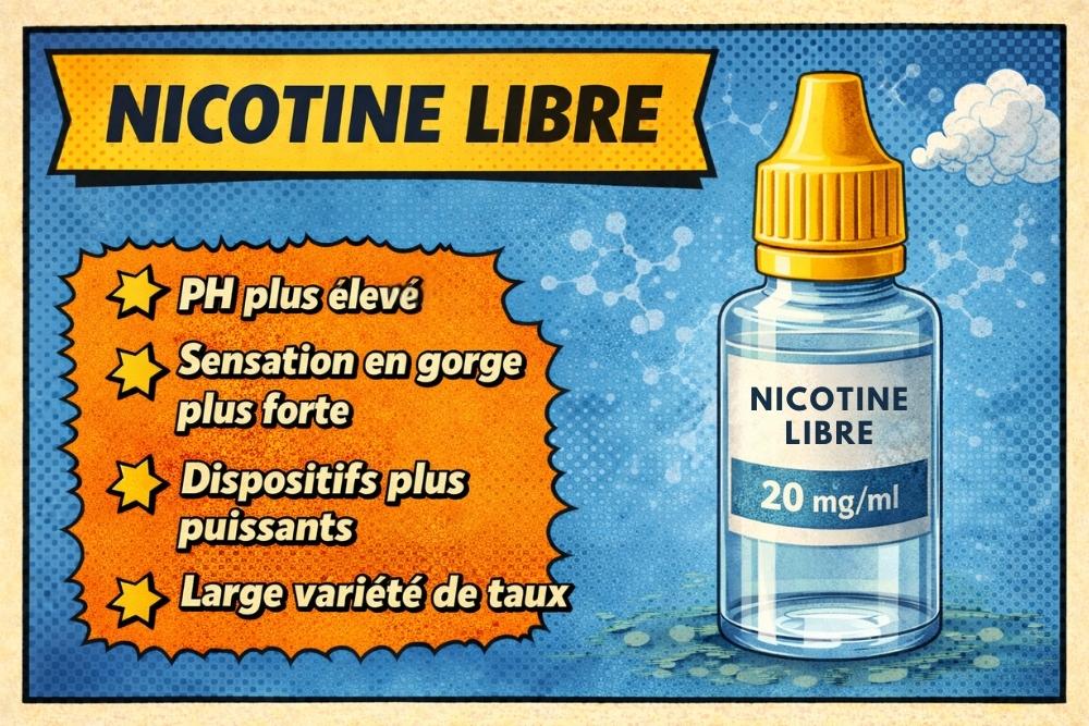 Illustration p&eacute;dagogique en style bande dessin&eacute;e pr&eacute;sentant la nicotine libre en vapotage, avec mention du pH plus &eacute;lev&eacute;, d&rsquo;une sensation en gorge plus marqu&eacute;e et d&rsquo;une compatibilit&eacute; avec des dispositifs plus puissants.