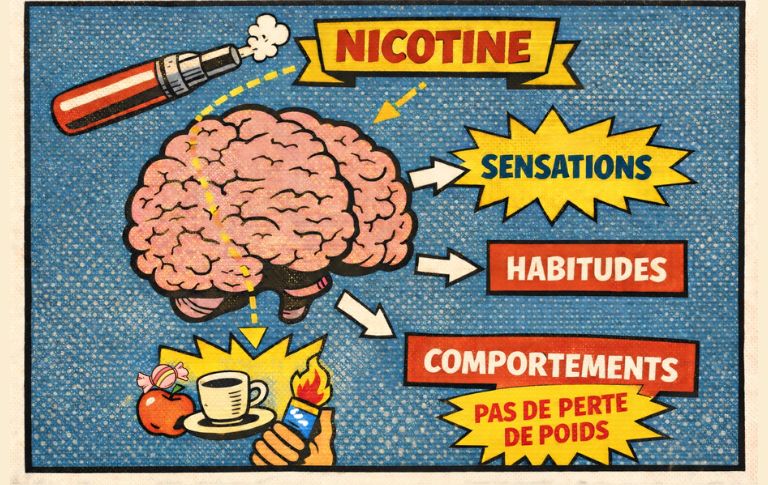 Illustration p&eacute;dagogique en style bande dessin&eacute;e r&eacute;tro montrant l&rsquo;influence de la nicotine sur les sensations, les habitudes et les comportements.