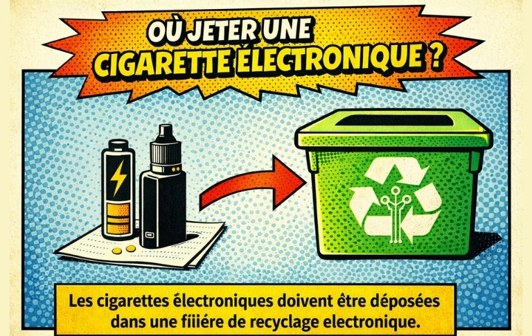 Les cigarettes électroniques ou les batteries ne doivent pas être jetées avec les déchets ménagers. Ces éléments contiennent des composants électroniques et doivent être déposés dans une filière de recyclage adaptée (déchets d’équipements électriques et é