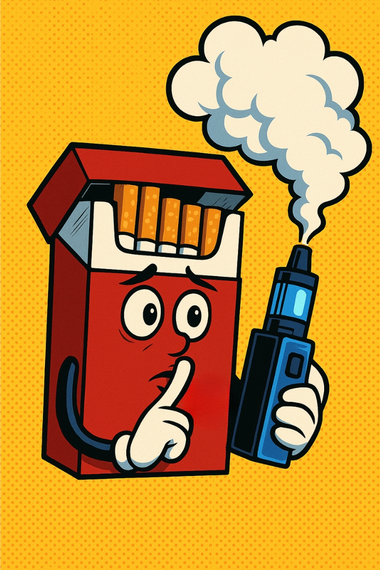 Image rétro pop art d’un paquet de cigarettes anthropomorphe qui vapote discrètement, illustrant la transition du tabac vers la cigarette électronique.