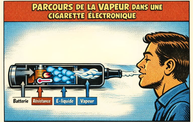 Sch&eacute;ma p&eacute;dagogique du parcours de la vapeur dans une cigarette &eacute;lectronique, de la batterie &agrave; l&rsquo;inhalation.