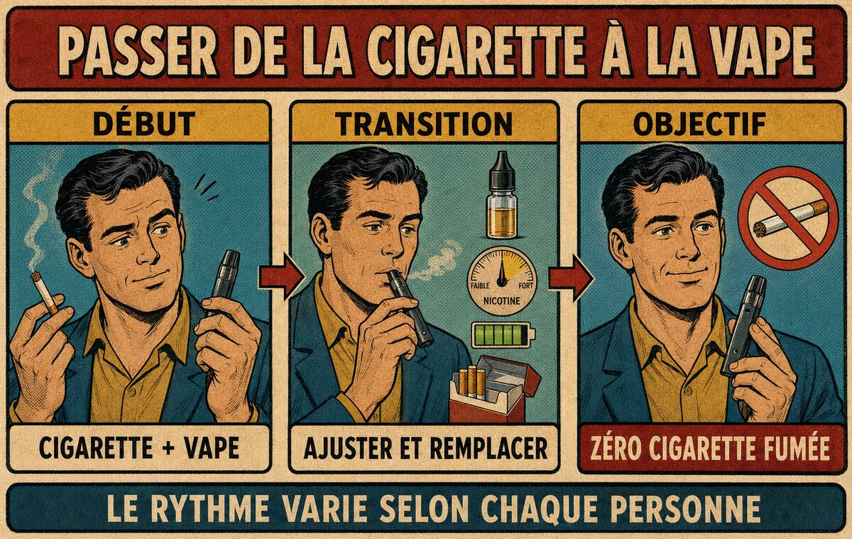 Illustration des &eacute;tapes pour passer progressivement de la cigarette &agrave; la vape jusqu&rsquo;&agrave; z&eacute;ro cigarette fum&eacute;e