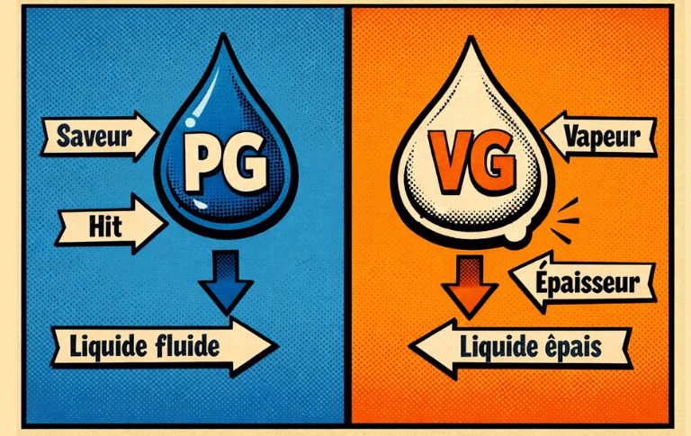 Illustration p&eacute;dagogique en style bande dessin&eacute;e montrant les diff&eacute;rences entre PG et VG dans un e-liquide : saveur, sensation en gorge, vapeur et viscosit&eacute;.