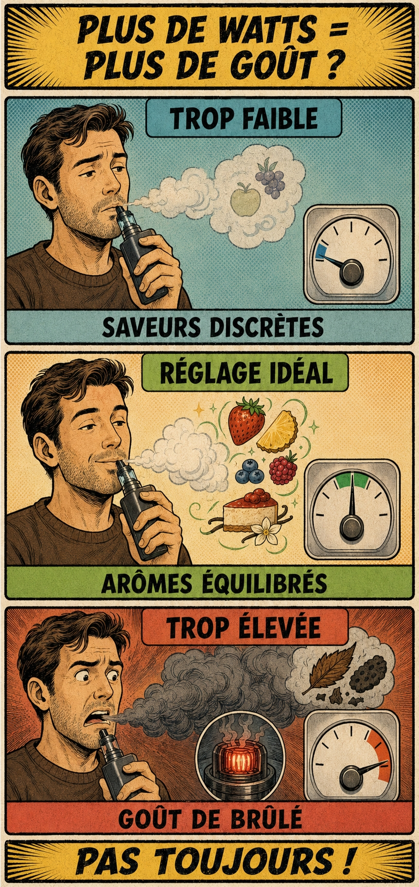 Comparaison des saveurs obtenues avec une puissance trop faible, idéale ou trop élevée sur une cigarette électronique