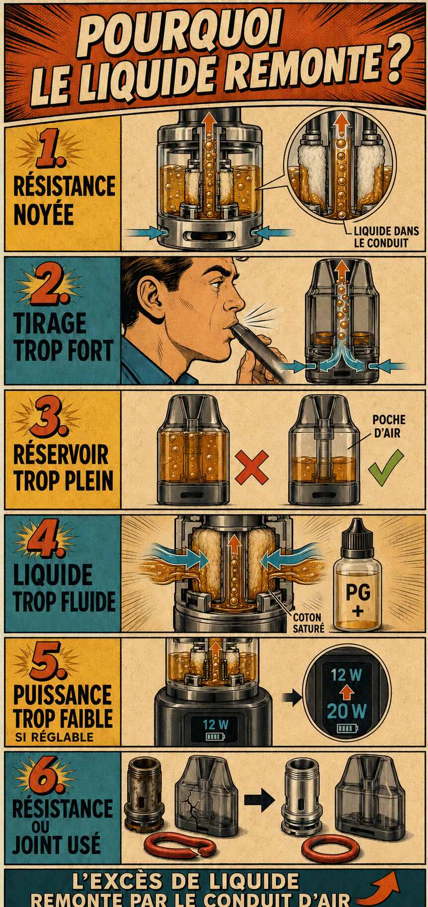 Principales causes d&rsquo;une remont&eacute;e de e-liquide dans la bouche avec une cigarette &eacute;lectronique