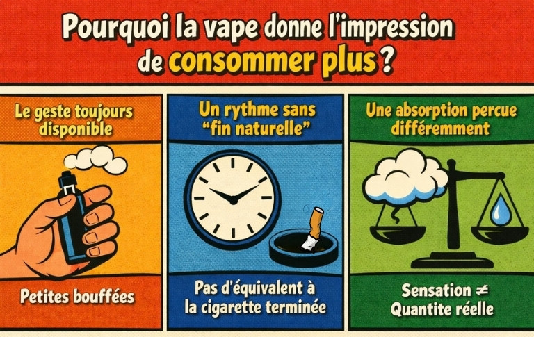 Illustration p&eacute;dagogique en style bande dessin&eacute;e expliquant pourquoi la vape donne l&rsquo;impression de consommer plus