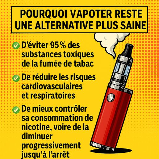 Illustration pop art avec une cigarette électronique et un texte listant les bénéfices : éviter 95 % des substances toxiques du tabac, réduire les risques cardiovasculaires et respiratoires, mieux contrôler sa consommation de nicotine.