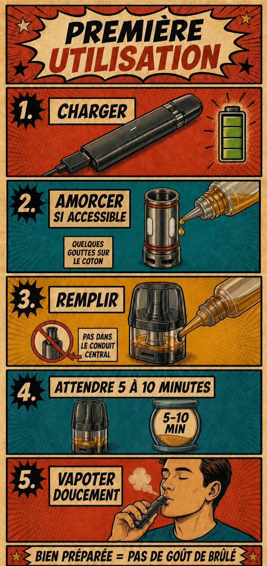 Les cinq étapes de la première utilisation d’une cigarette électronique : charger, amorcer, remplir, attendre et vapoter doucement