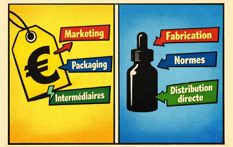 Illustration p&eacute;dagogique en style bande dessin&eacute;e montrant les facteurs qui influencent le prix d&rsquo;un e-liquide, comme le marketing, le packaging, la distribution et les normes de fabrication.