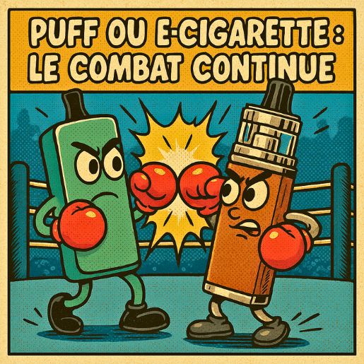 Illustration rétro style BD d’un duel entre une puff verte et une cigarette électronique grise avec des bras, jambes et gants de boxe, dans un ring.