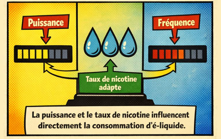 Illustration p&eacute;dagogique en style bande dessin&eacute;e montrant l&rsquo;influence de la puissance de la cigarette &eacute;lectronique et du taux de nicotine sur la consommation d&rsquo;e-liquide.