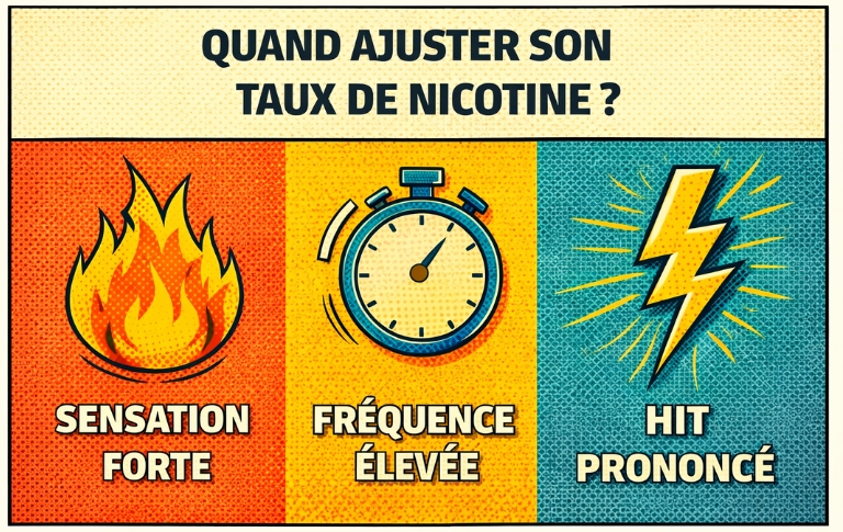 Illustration p&eacute;dagogique en style bande dessin&eacute;e expliquant quand ajuster son taux de nicotine