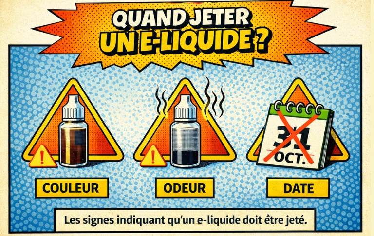 Illustration pédagogique montrant quand jeter un e-liquide avec trois signes : changement de couleur, odeur inhabituelle et date dépassée.