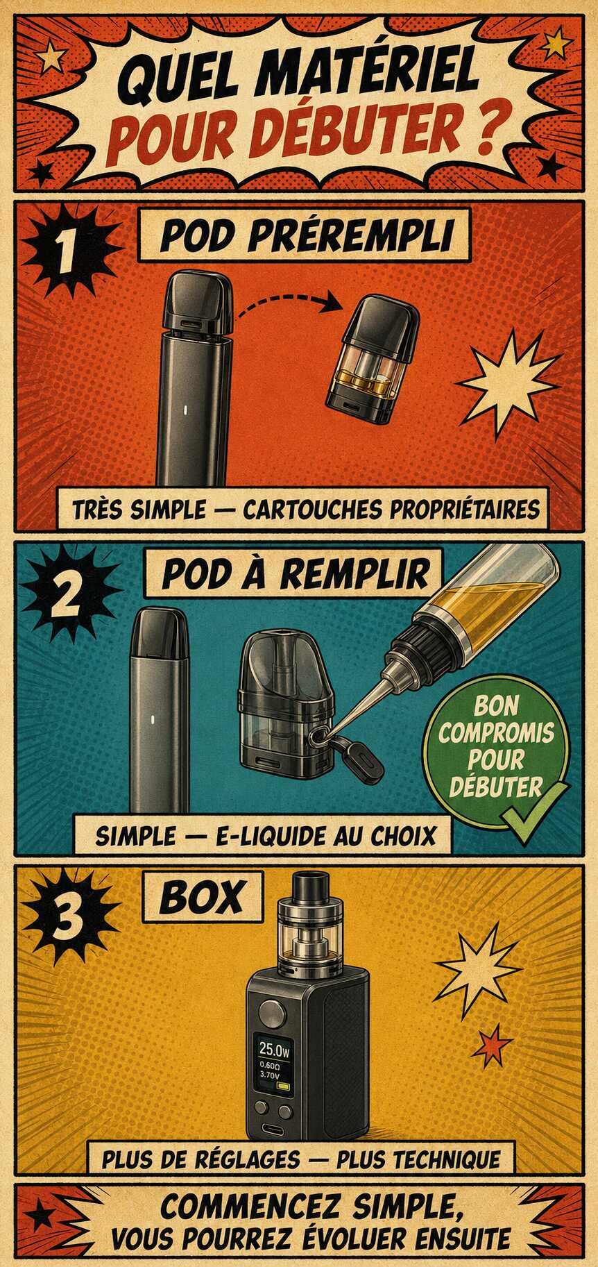 Comparaison entre un pod prérempli, un pod rechargeable à remplir et une cigarette électronique de type box pour débutant
