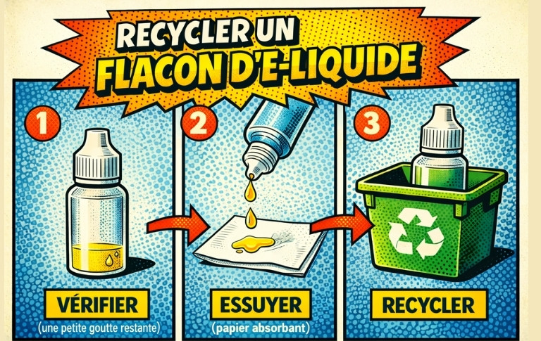 Illustration pédagogique montrant comment recycler un flacon d’e-liquide en trois étapes : vérifier le liquide restant, essuyer avec du papier absorbant puis recycler le flacon.