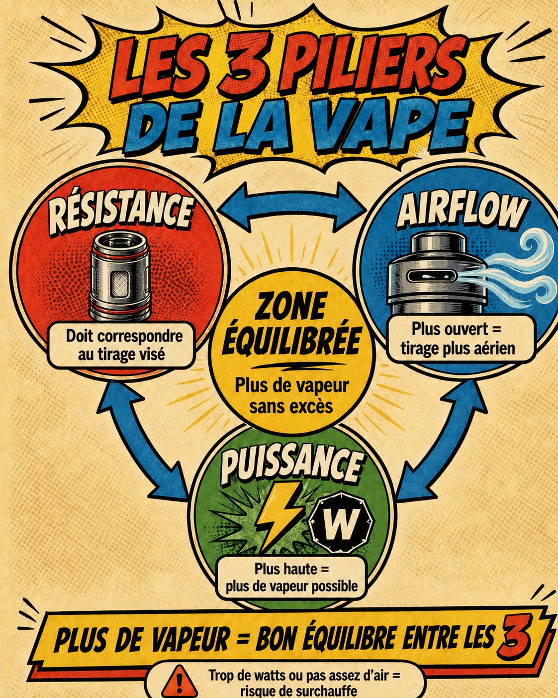 Schéma de l’équilibre entre résistance, puissance et airflow pour produire plus de vapeur