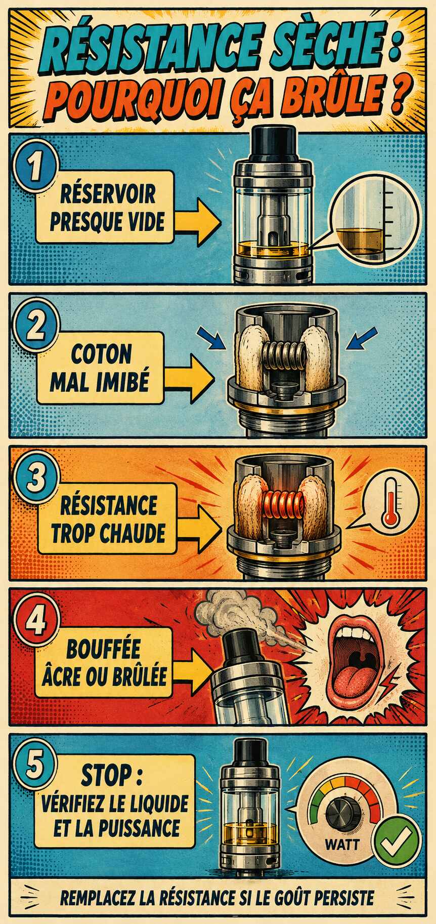 Schéma expliquant comment une résistance sèche ou mal alimentée peut produire une bouffée âcre et brûlante pour la gorge