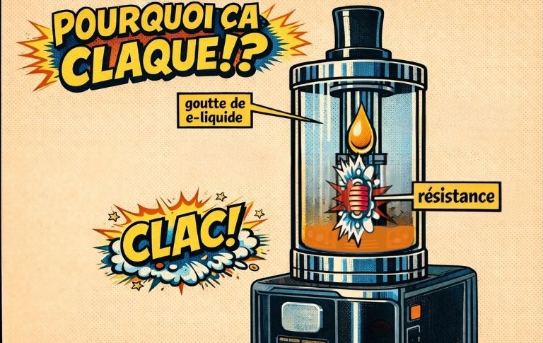 schéma montrant une goutte de e-liquide qui touche la résistance d’une cigarette électronique et provoque un petit claquement lors de la vaporisation