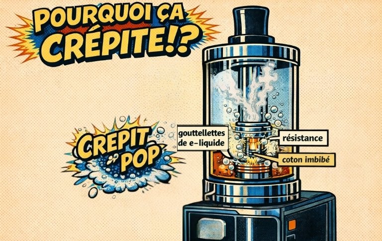 schéma montrant une résistance de cigarette électronique qui crépite lorsque des gouttelettes de e-liquide chauffent sur le coil