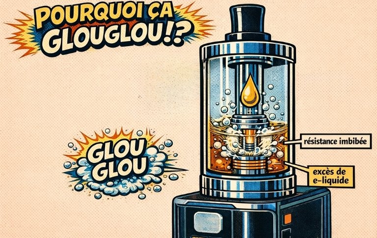 schéma montrant pourquoi une cigarette électronique fait glouglou avec bulles d’air et résistance trop imbibée de e-liquide