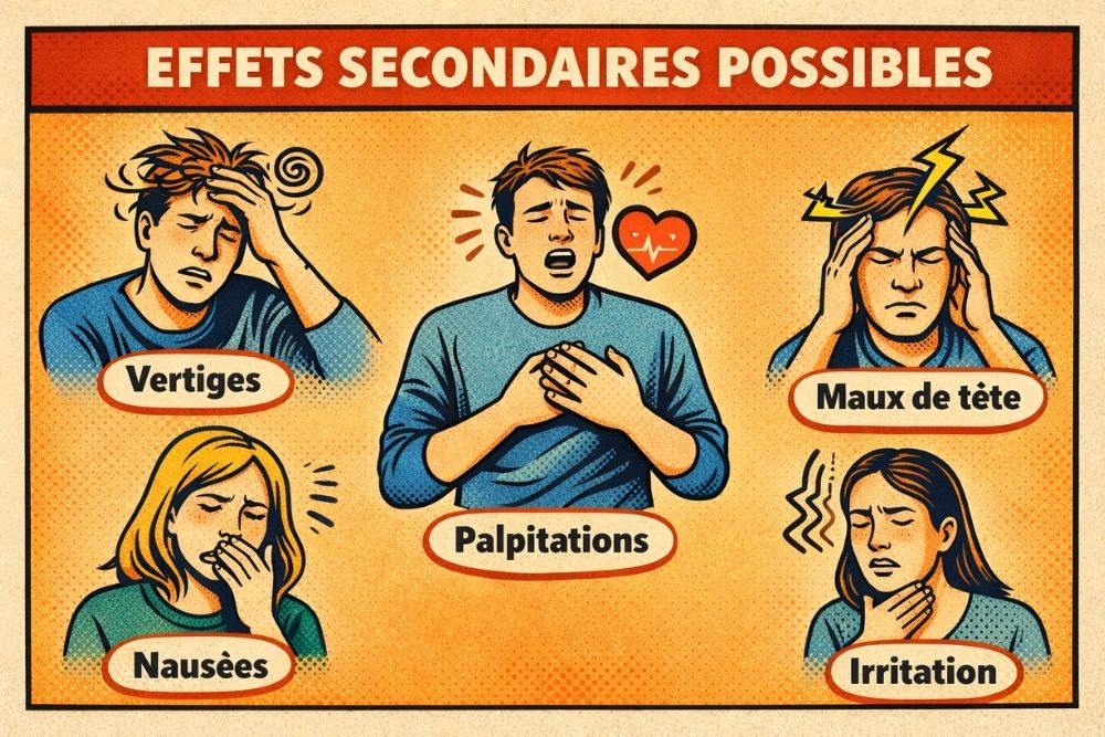 Illustration pédagogique des effets secondaires possibles des sels de nicotine, comme vertiges, nausées et palpitations, dans un style bande dessinée rétro.