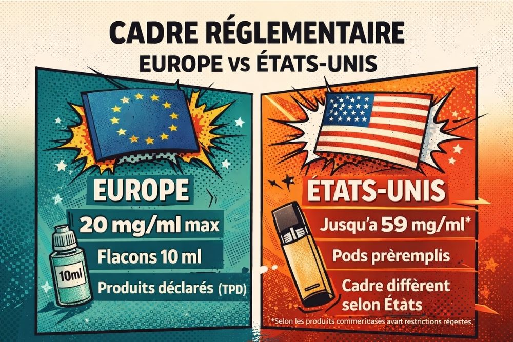 Infographie comparant la réglementation des sels de nicotine en Europe (20 mg/ml maximum) et aux États-Unis, avec différences de concentration autorisée.