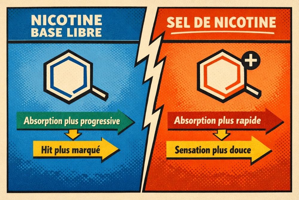 Infographie pédagogique comparant l’absorption de la nicotine en base libre et des sels de nicotine, avec indication de vitesse d’absorption et sensation en gorge.
