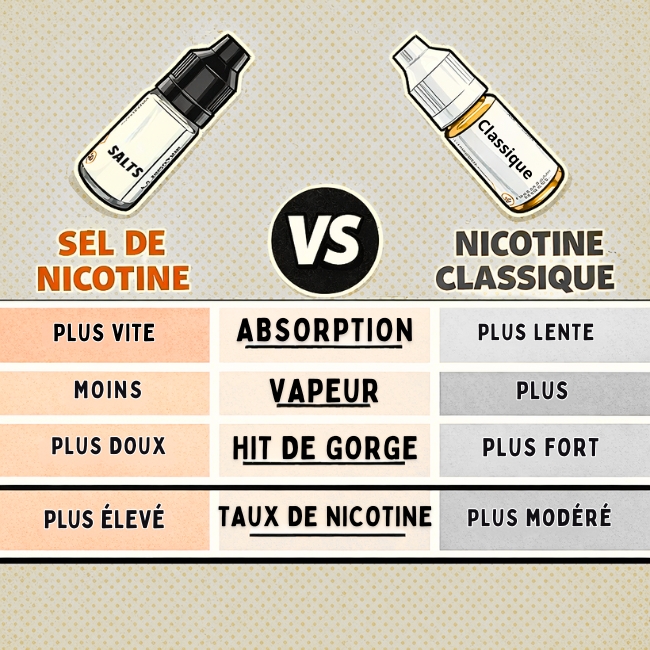 Comparaison entre sel de nicotine et nicotine classique montrant les différences d’absorption, de production de vapeur, de hit en gorge et de dosage
