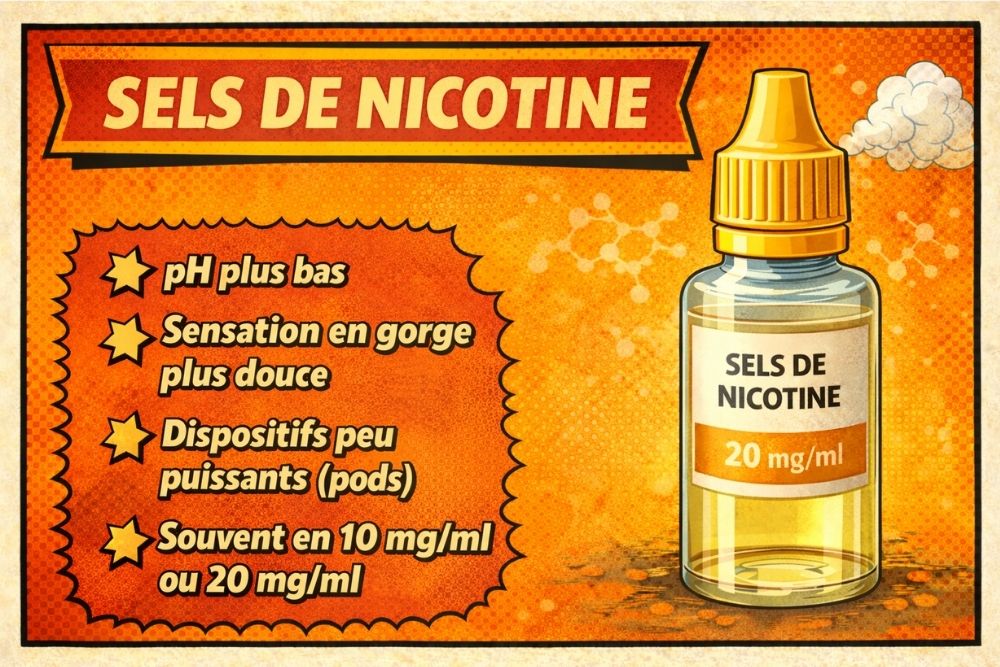 Illustration p&eacute;dagogique en style bande dessin&eacute;e pr&eacute;sentant les sels de nicotine en vapotage, avec pH plus bas, sensation en gorge plus douce et utilisation recommand&eacute;e sur des dispositifs peu puissants.