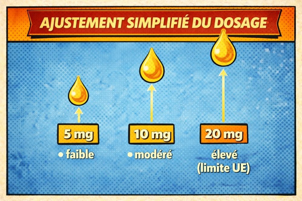 Infographie p&eacute;dagogique en style bande dessin&eacute;e pr&eacute;sentant les dosages en sels de nicotine 5 mg, 10 mg et 20 mg, avec indication du niveau mod&eacute;r&eacute; &agrave; &eacute;lev&eacute; et rappel de la limite r&eacute;glementaire europ&eacute;enne &agrave; 20 mg/ml.