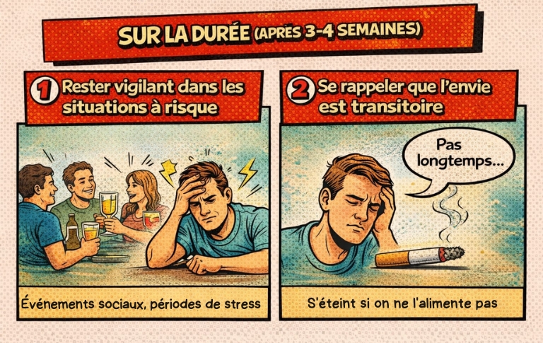 Apr&egrave;s 3 &agrave; 4 semaines de sevrage tabagique, le manque physique diminue nettement, mais des envies psychologiques peuvent r&eacute;appara&icirc;tre ponctuellement, notamment dans les situations sociales ou stressantes.