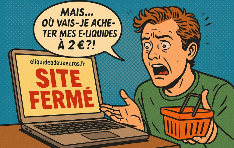 Illustration pop art d&rsquo;un homme paniqu&eacute; tenant un panier devant un ordinateur affichant &laquo; SIT&Eacute; FERM&Eacute; &raquo; sur le site eliquideadeuxeuros.fr, se demandant o&ugrave; il pourra encore acheter ses e-liquides &agrave; 2 &euro;.