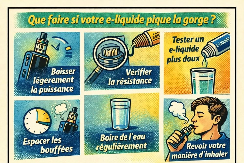 Illustration des solutions pour réduire un e-liquide qui pique la gorge : baisser la puissance, vérifier la résistance, boire de l’eau et espacer les bouffées