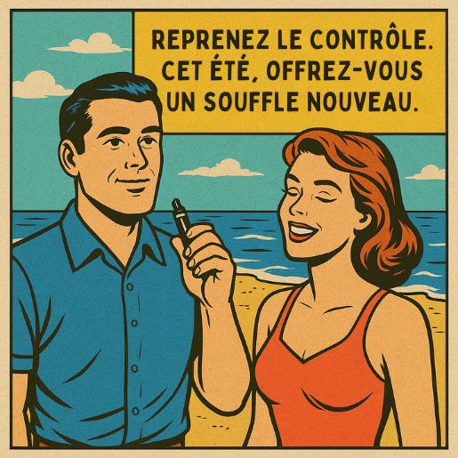 Illustration rétro de style bande dessinée représentant un homme et une femme souriants sur une plage, avec le message « Reprenez le contrôle. Cet été, offrez-vous un souffle nouveau ». Ils vapotent paisiblement sous un ciel ensoleillé.