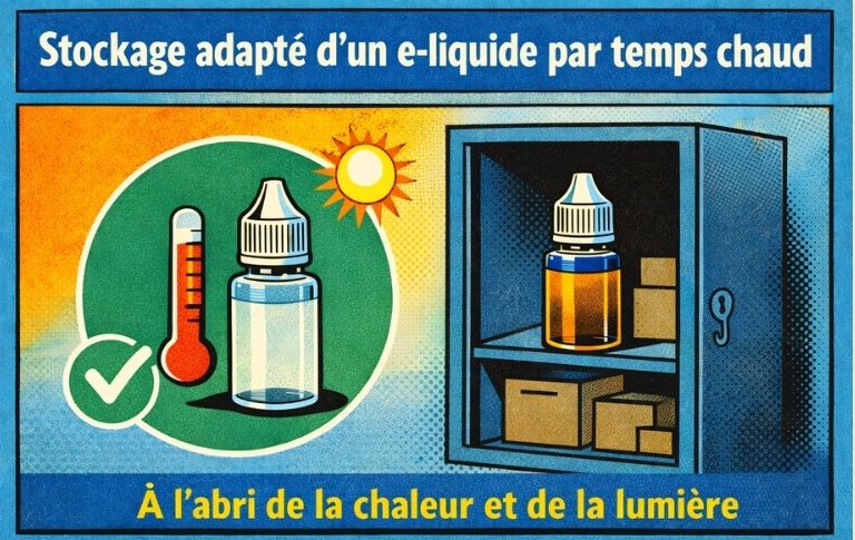 Illustration p&eacute;dagogique en style bande dessin&eacute;e montrant les bonnes conditions de stockage d&rsquo;un e-liquide, &agrave; l&rsquo;abri de la chaleur, de la lumi&egrave;re et des variations de temp&eacute;rature.