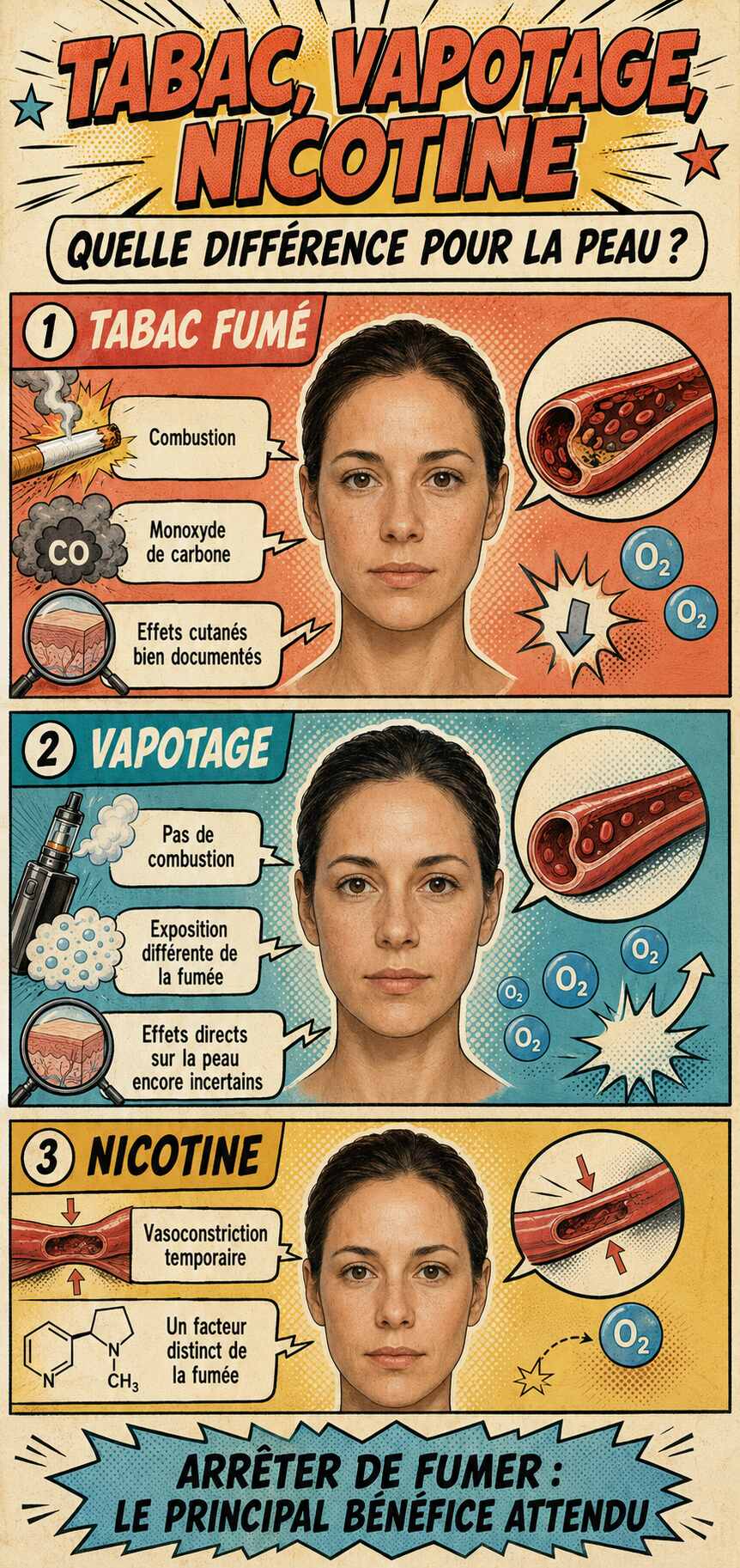 Infographie comparant les effets du tabac, du vapotage et de la nicotine sur la peau