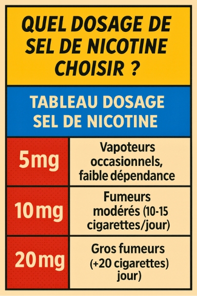 Tableau dosage sel de nicotine : 5 mg pour vapoteurs occasionnels, 10 mg pour fumeurs modérés, 20 mg pour gros fumeurs.