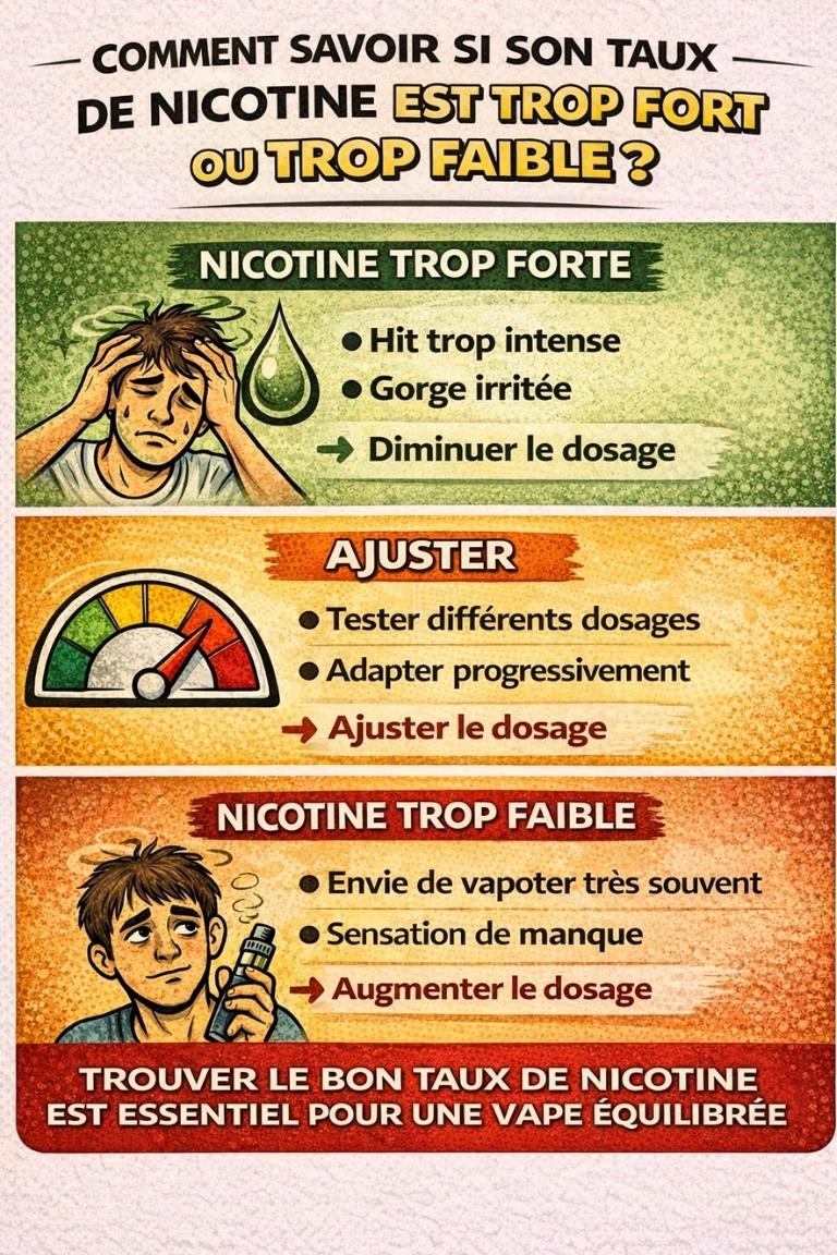 Comment savoir si son taux de nicotine est trop fort ou trop faible Infographie expliquant comment savoir si son taux de nicotine en vape est trop fort ou trop faible et comment ajuster le dosage.