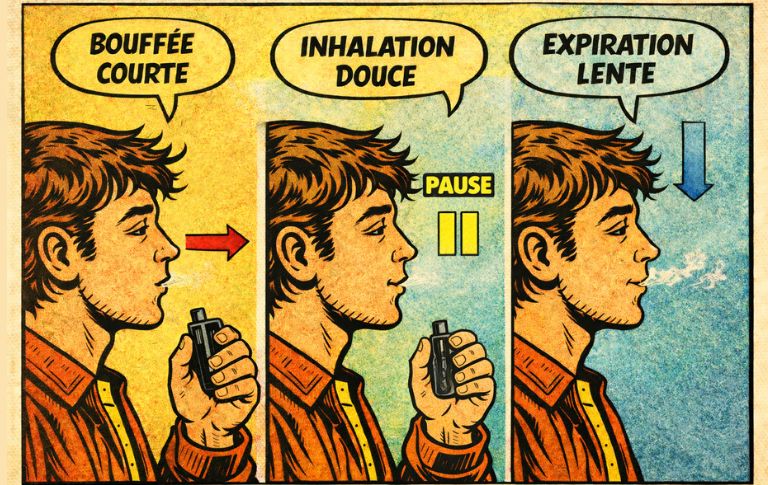 Sch&eacute;ma p&eacute;dagogique en bande dessin&eacute;e montrant une technique de vapotage discret avec bouff&eacute;e courte, pause et expiration lente produisant tr&egrave;s peu de vapeur visible.