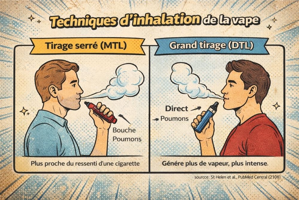 Infographie expliquant les techniques d’inhalation de la vape : tirage serré (MTL) et tirage direct poumons (DTL).